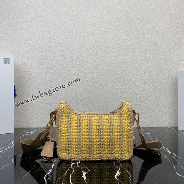 Prada專櫃新款拉菲草三合一女包 1BH204 普拉達純手工編織條紋系列肩背斜挎包 csp1572